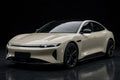 Super Gloss Khaki Cream PET vinyl wrap film on a car, front three-quarter studio view