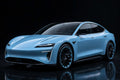 Super Gloss Powder Blue PET vinyl wrap film on a car, front three-quarter studio view