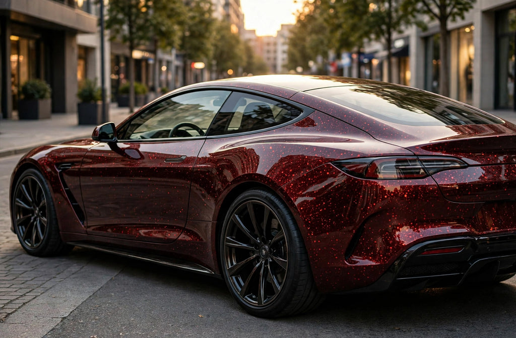Super Gloss Galaxy Black Red(Thick Dots) () PET vinyl wrap film on a car, rear three-quarter view