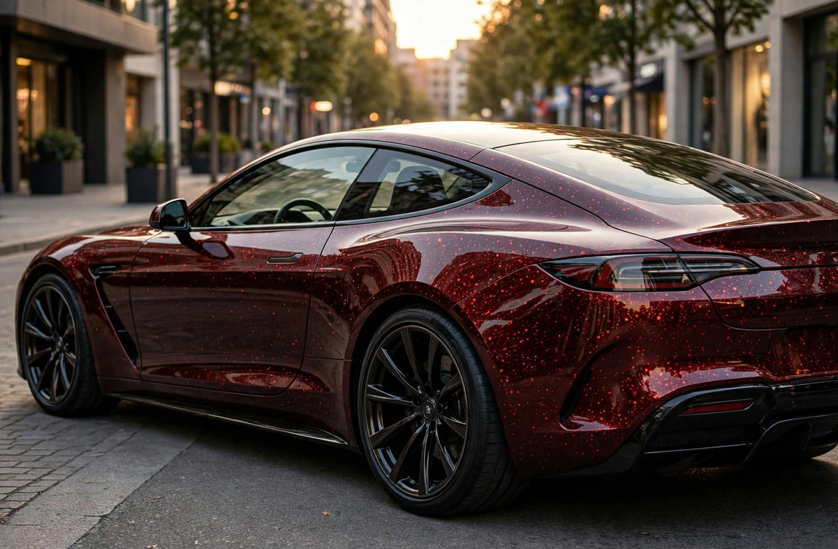 Super Gloss Galaxy Black Red(Thick Dots) () PET vinyl wrap film on a car, rear three-quarter view