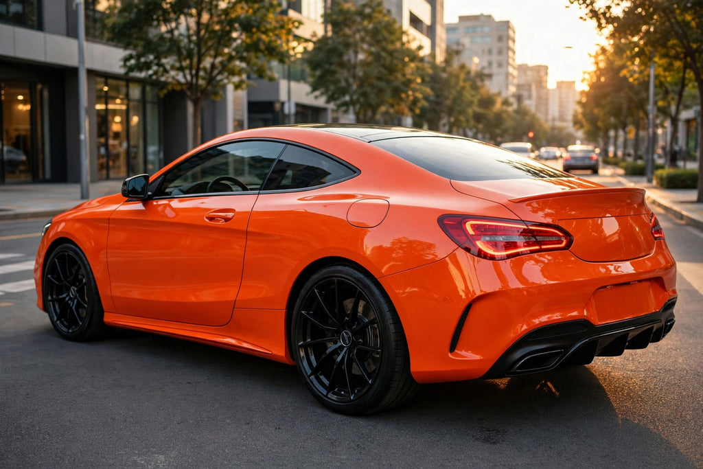 Super Gloss Flame Orange PET vinyl wrap film on a car, rear three-quarter view