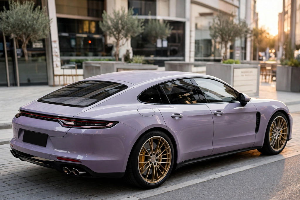 Super Gloss MIst purple PET vinyl wrap film on a car, rear three-quarter view