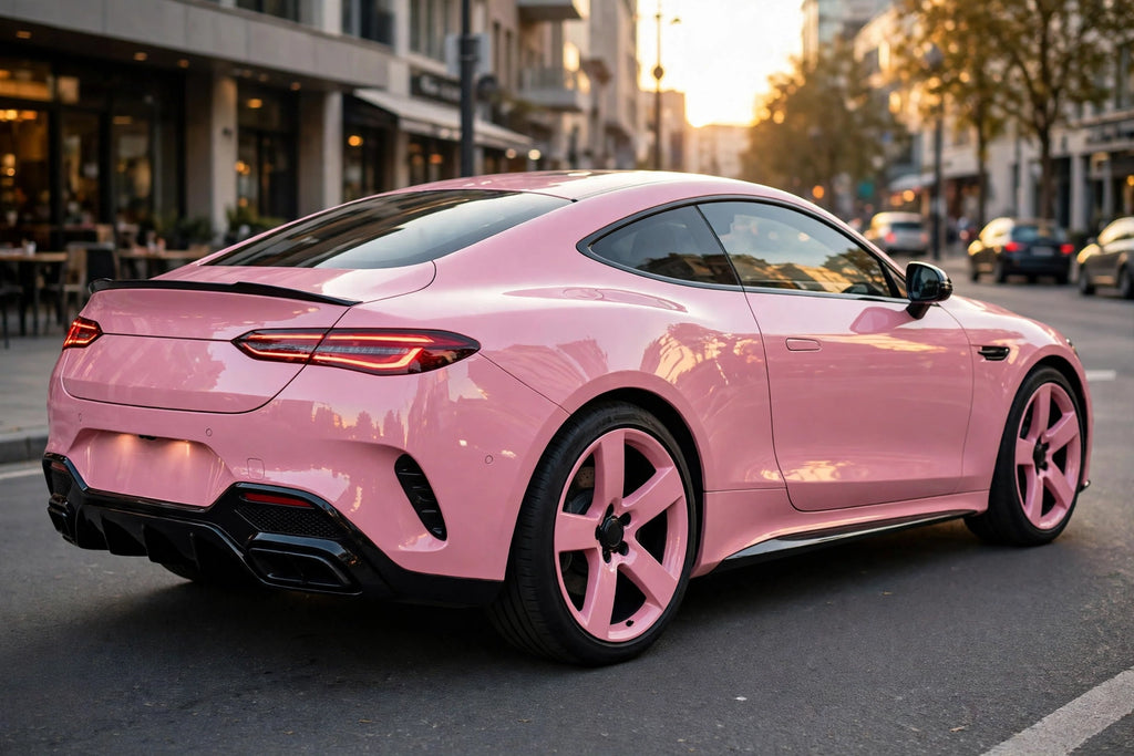 Super Gloss Rouge Pink PET vinyl wrap film on a car, rear three-quarter view