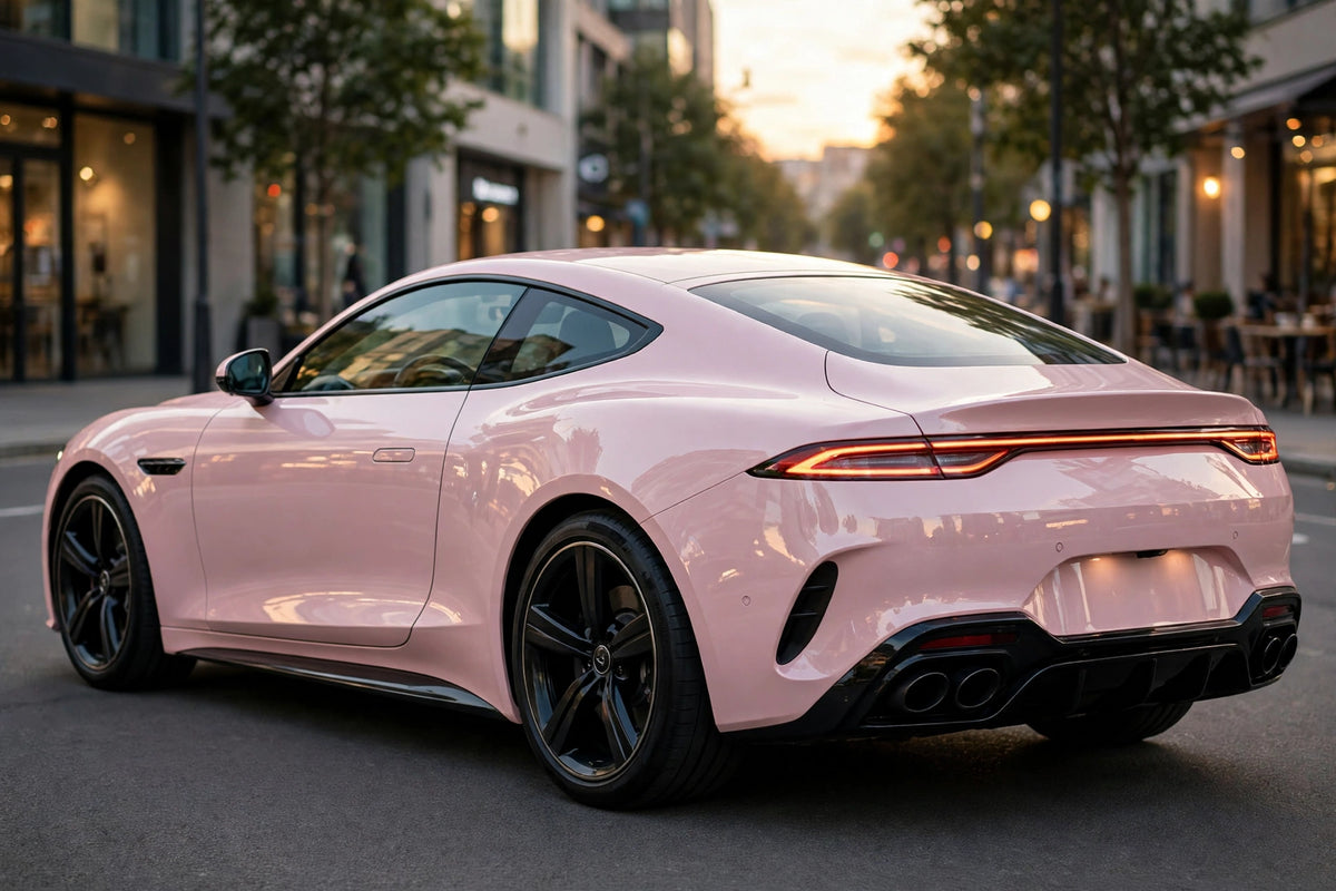 Super Gloss Powder Pink PET vinyl wrap film on a car, rear three-quarter view