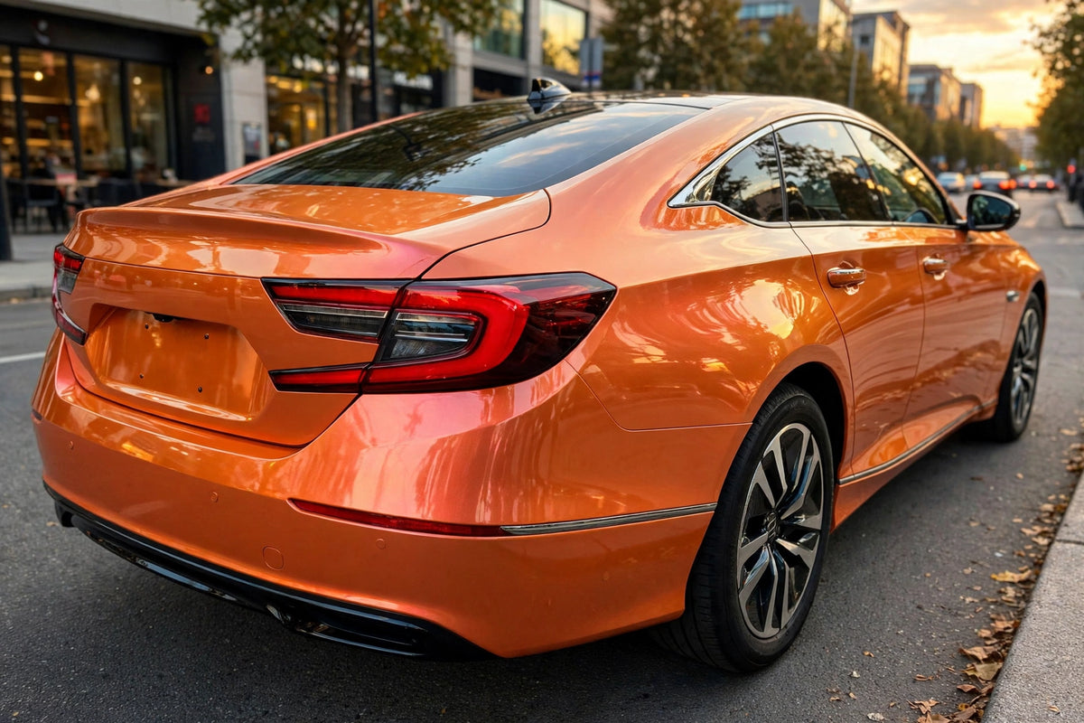 Phantom Flare Racing Orange PET vinyl wrap film on a car, rear three-quarter view
