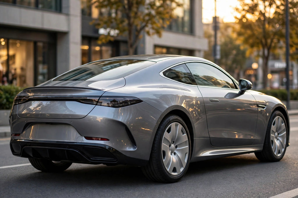 Super Gloss Titanium Steel Gray Metallic PET vinyl wrap film on a car, rear three-quarter view