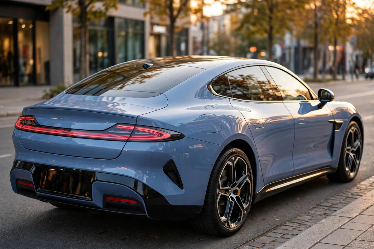 Super Gloss Meteor Blue PET vinyl wrap film on a car, rear three-quarter view