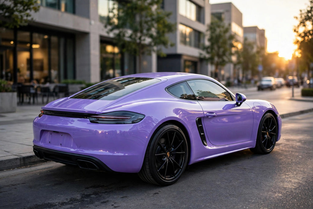 Super Gloss Lavender Purple PET vinyl wrap film on a car, rear three-quarter view