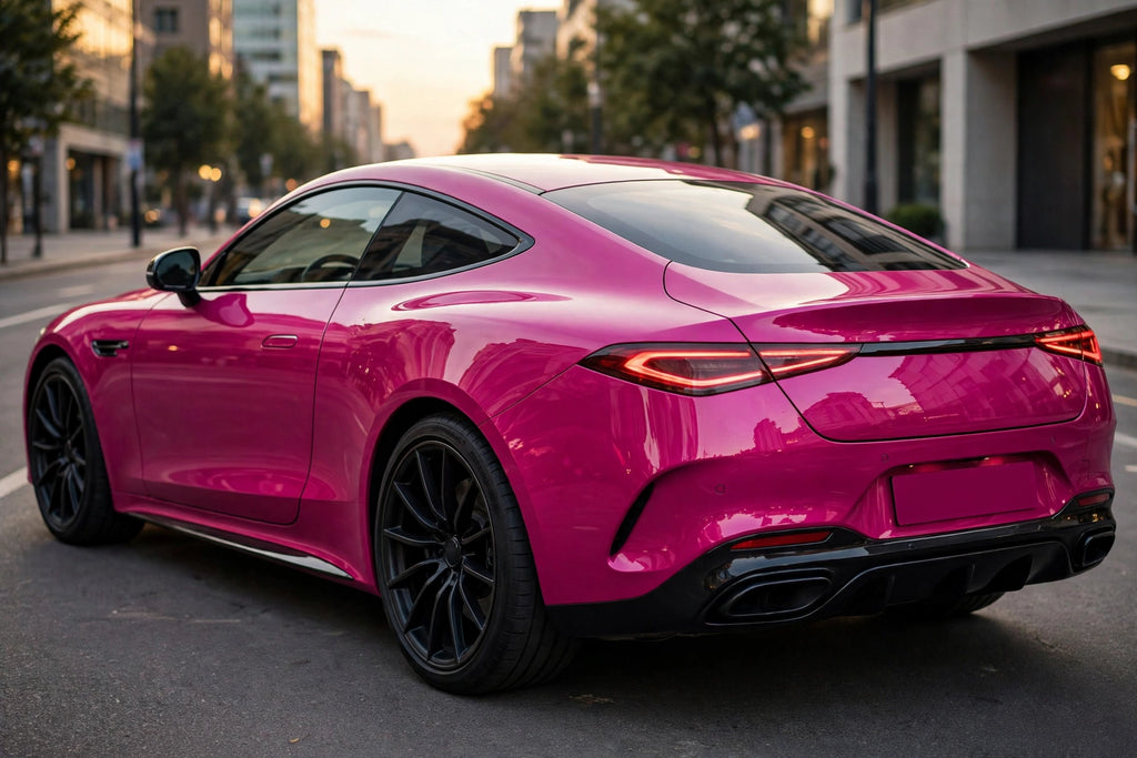 Super Gloss Magenta Pink PET vinyl wrap film on a car, rear three-quarter view