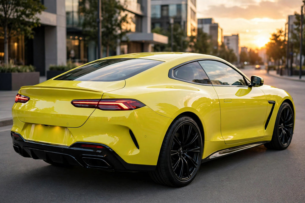 Super Gloss Lemon Yellow PET vinyl wrap film on a car, rear three-quarter view