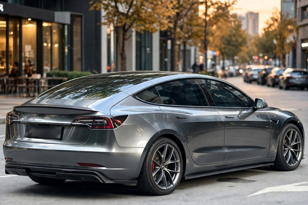 Super Gloss Metallic Graphite Gray PET vinyl wrap film on a car, rear three-quarter view