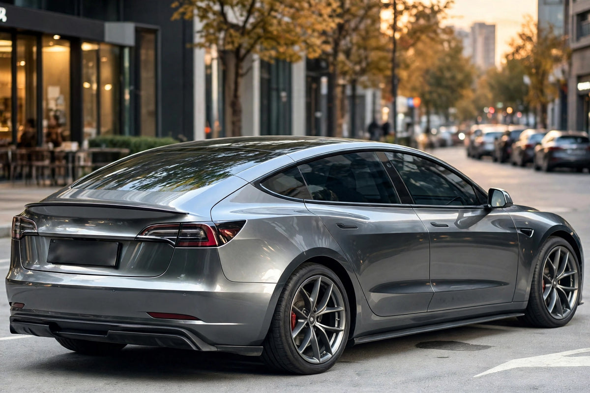 Super Gloss Metallic Graphite Gray PET vinyl wrap film on a car, rear three-quarter view
