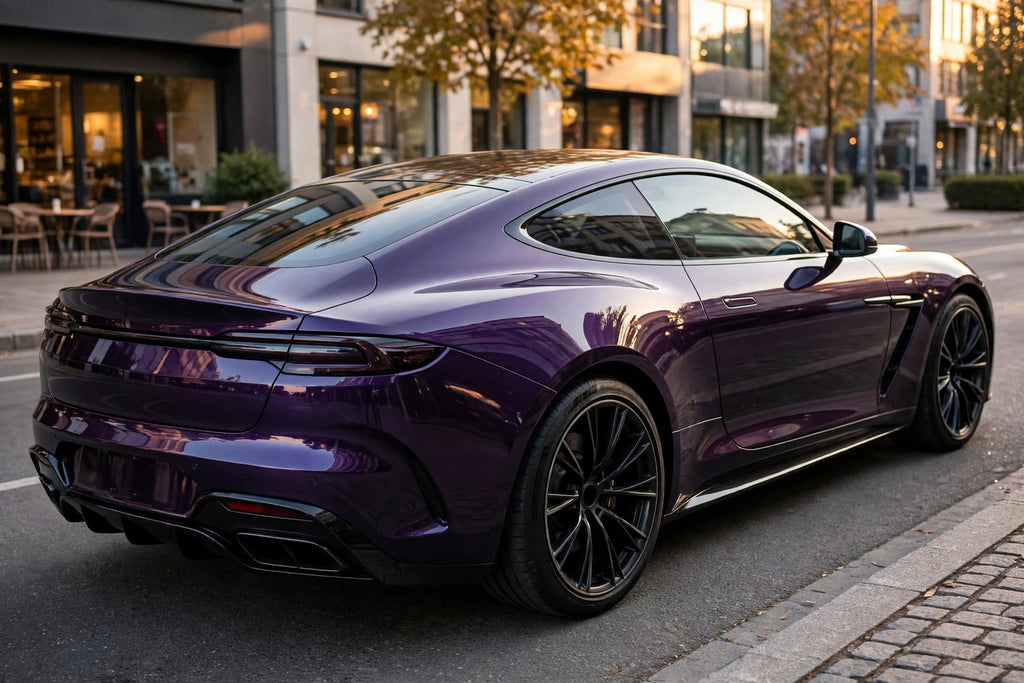 Super Gloss Pearl Black Purple PET vinyl wrap film on a car, rear three-quarter view