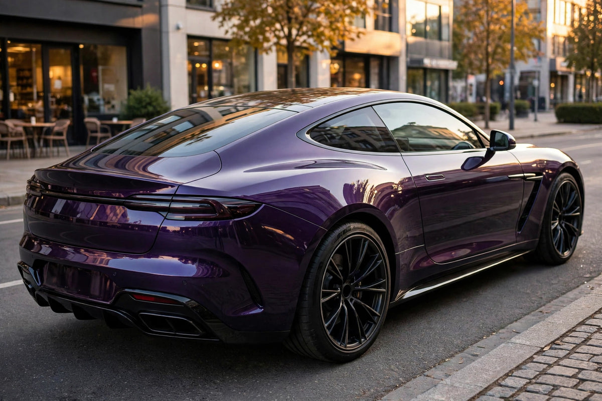 Super Gloss Pearl Black Purple PET vinyl wrap film on a car, rear three-quarter view