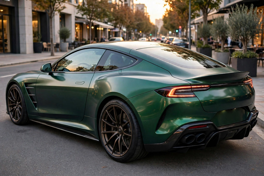 Ultra Matte Chrome Venom Green PET vinyl wrap film on a car, rear three-quarter view