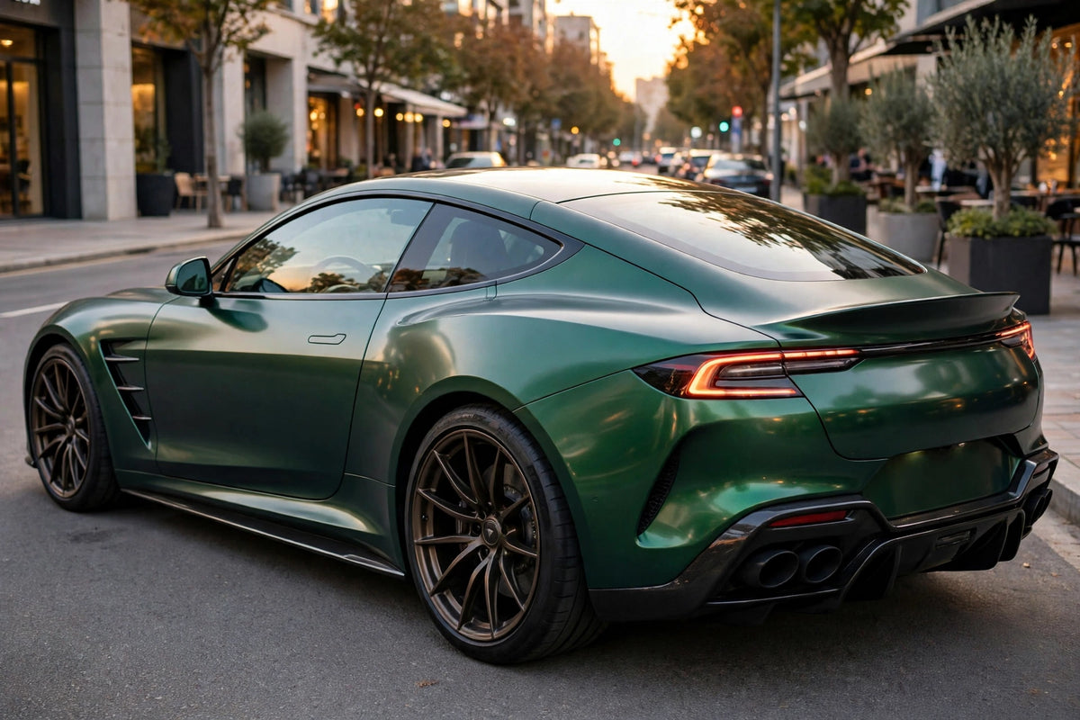 Ultra Matte Chrome Venom Green PET vinyl wrap film on a car, rear three-quarter view