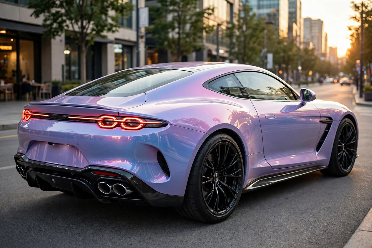 Super Gloss Blue Pink PET vinyl wrap film on a car, rear three-quarter view