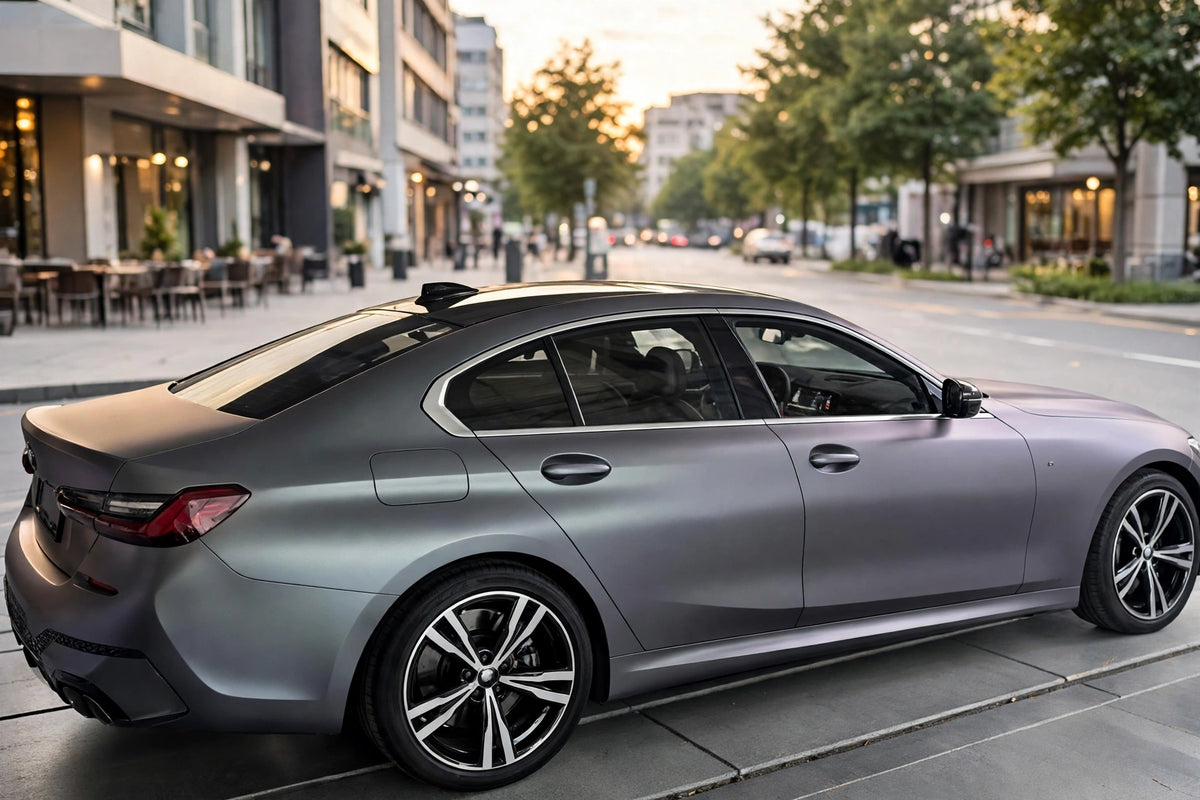 Matte Gray Purple PET vinyl wrap film on a car, rear three-quarter view