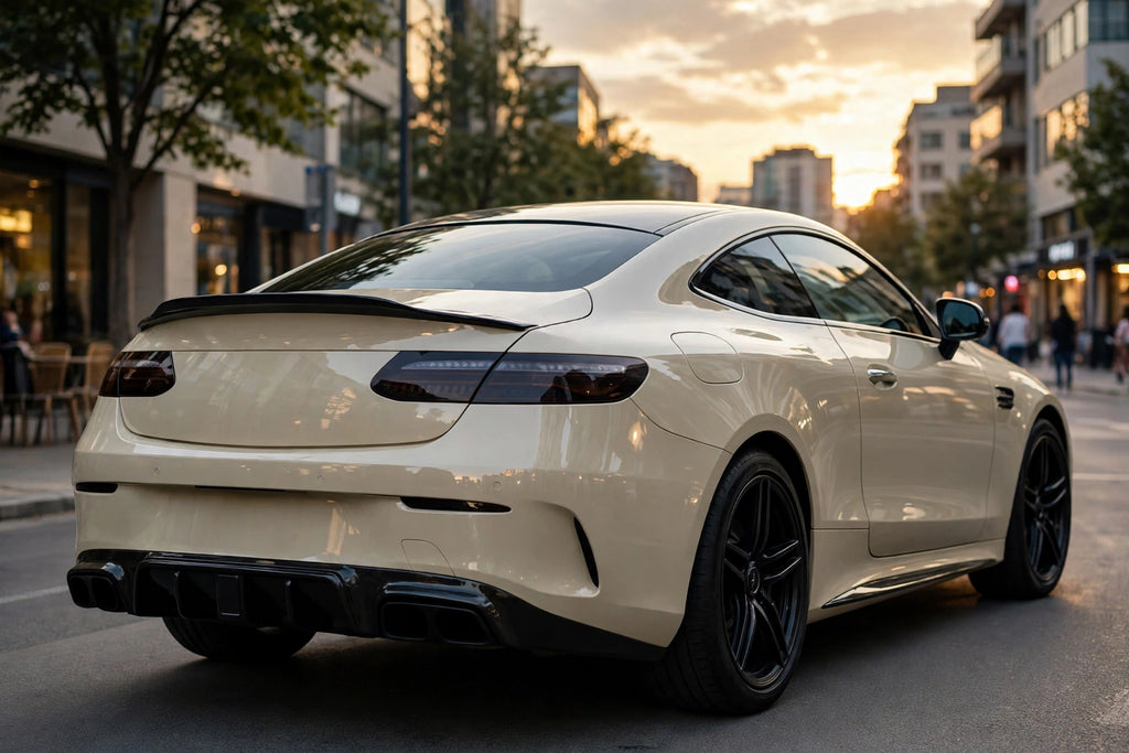 Super Gloss Khaki Cream PET vinyl wrap film on a car, rear three-quarter view