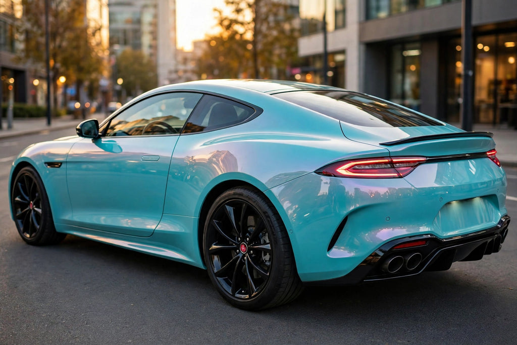 Super Gloss Racing Tiffany PET vinyl wrap film on a car, rear three-quarter view