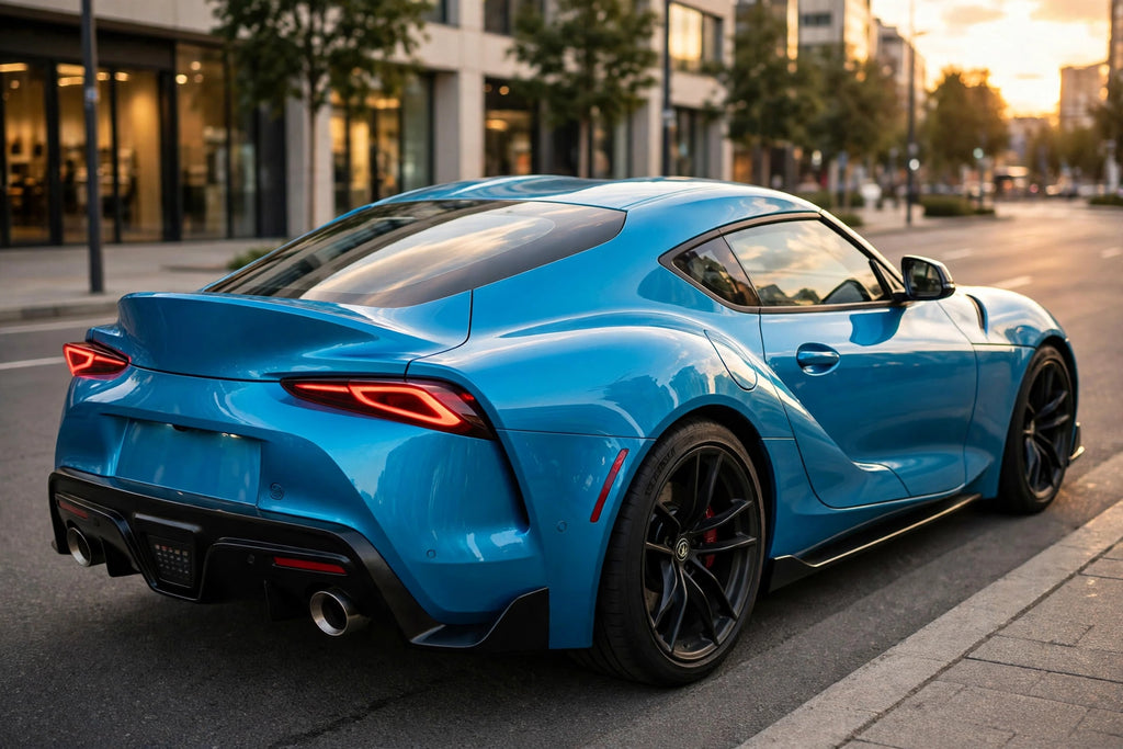 Super Gloss Lake Blue Metallic PET vinyl wrap film on a car, rear three-quarter view