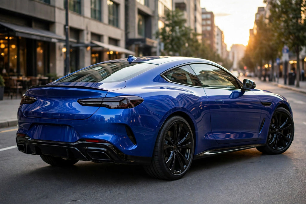 Super Gloss Blueberry Metallic PET vinyl wrap film on a car, rear three-quarter view