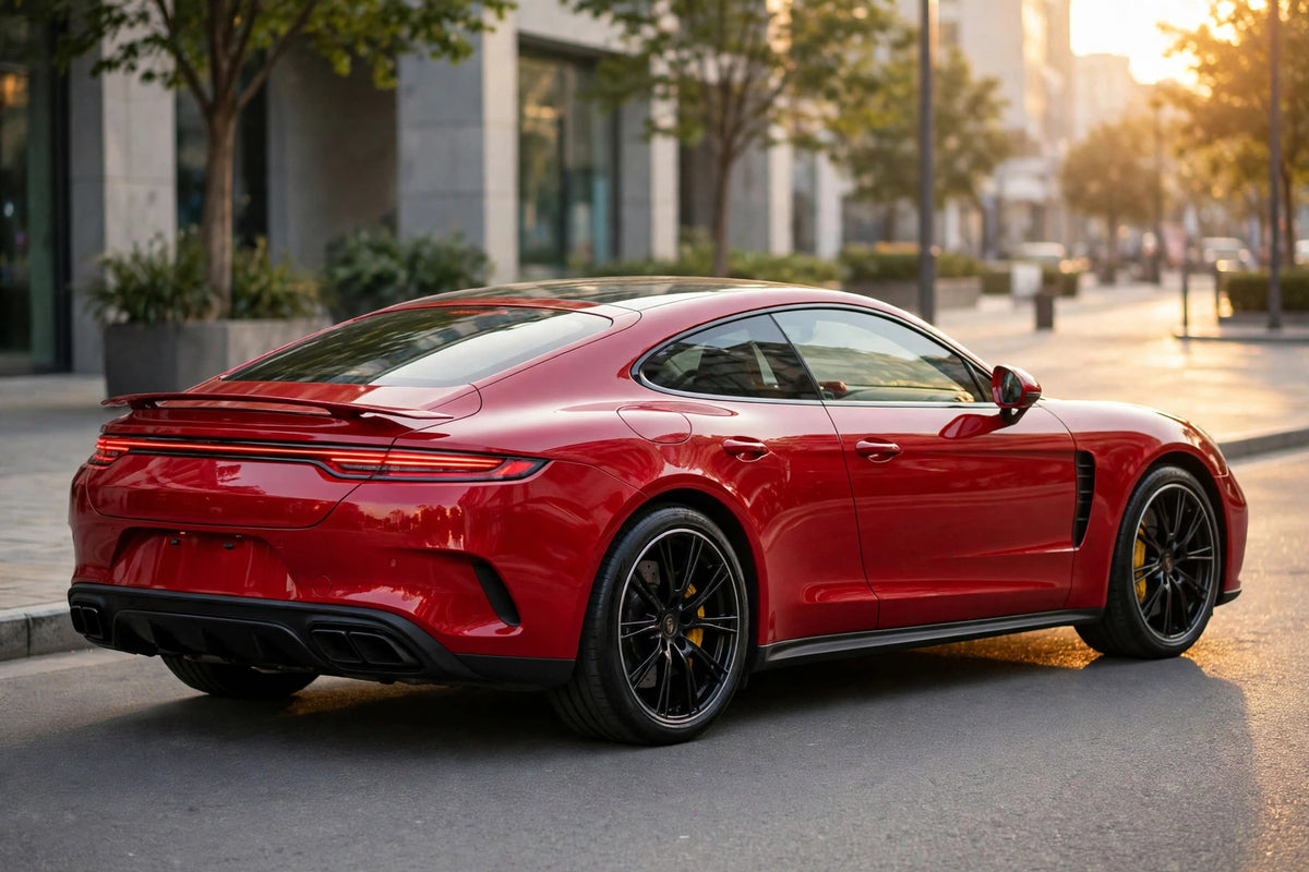 Super Gloss Carmine Red PET vinyl wrap film on a car, rear three-quarter view