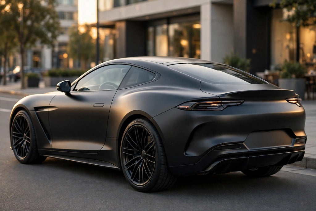 Matte Metallic Black PET vinyl wrap film on a car, rear three-quarter view