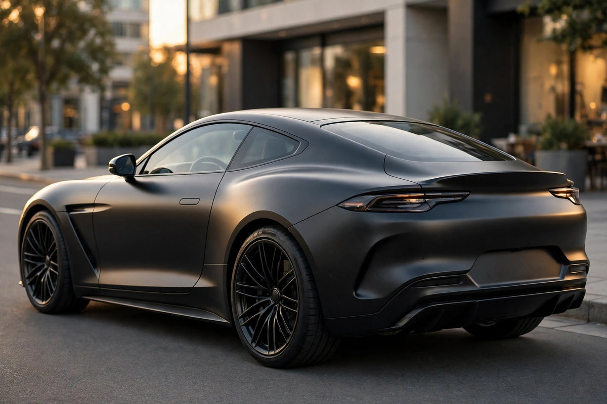 Matte Metallic Black PET vinyl wrap film on a car, rear three-quarter view