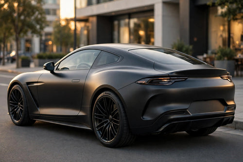 Matte Metallic Black PET vinyl wrap film on a car, rear three-quarter view