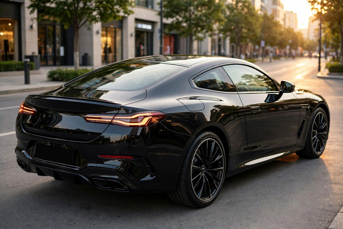 Super Gloss Pure Black(Self Healing) PET vinyl wrap film on a car, rear three-quarter view