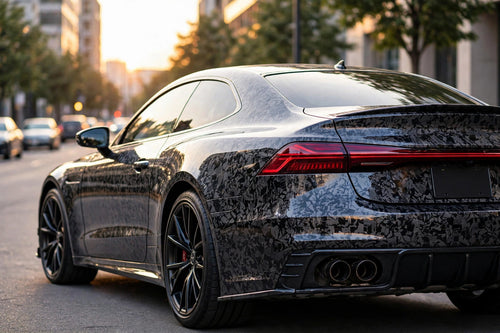 Black Forged Carbon Fiber PET vinyl wrap film on a car, rear three-quarter view