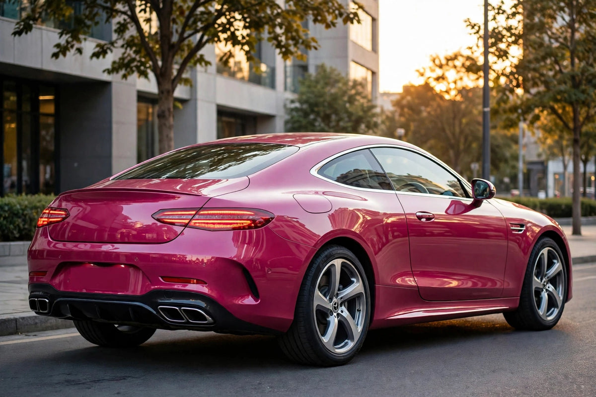 Super Gloss Morganite Red Metallic PET vinyl wrap film on a car, rear three-quarter view