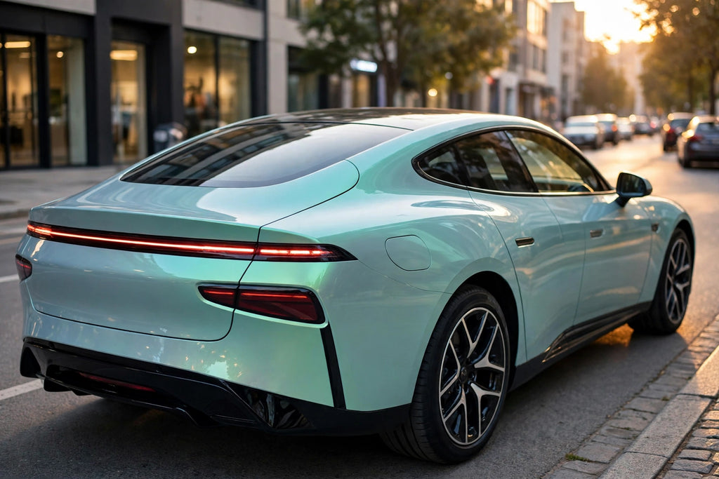 Super Gloss Dream Turquoise Green PET vinyl wrap film on a car, rear three-quarter view