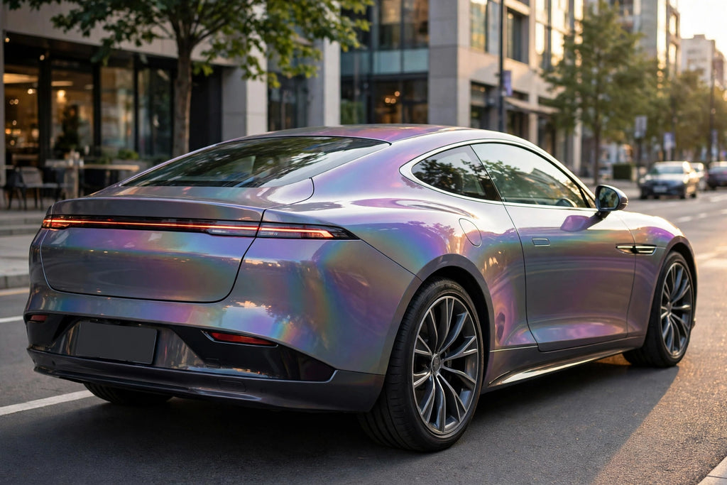 Super Gloss Iridescent Psychedelic Gray PET vinyl wrap film on a car, rear three-quarter view
