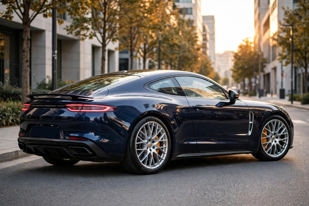 Super Gloss Midnight Blue Metallic PET vinyl wrap film on a car, rear three-quarter view