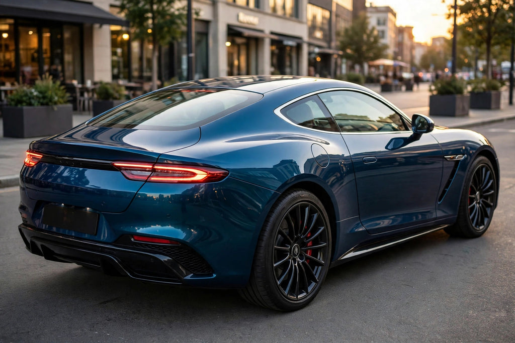 Super Gloss Midnight Cyan Metallic PET vinyl wrap film on a car, rear three-quarter view