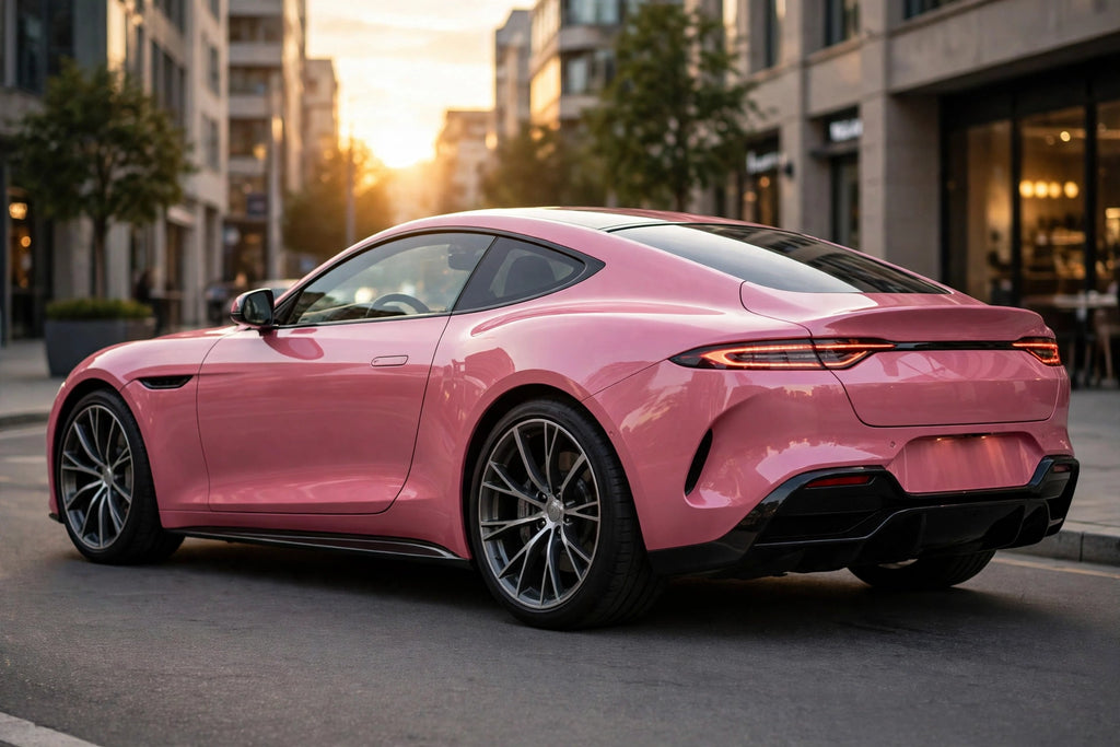 Super Gloss Ume Pink Metallic PET vinyl wrap film on a car, rear three-quarter view