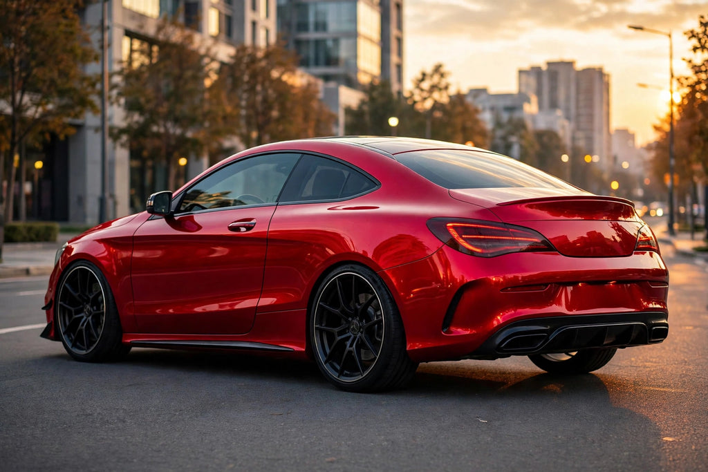 Super Gloss Flame Red Metallic PET vinyl wrap film on a car, rear three-quarter view