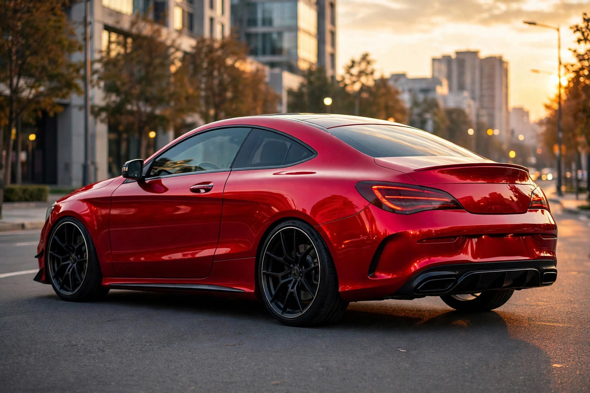 Super Gloss Flame Red Metallic PET vinyl wrap film on a car, rear three-quarter view