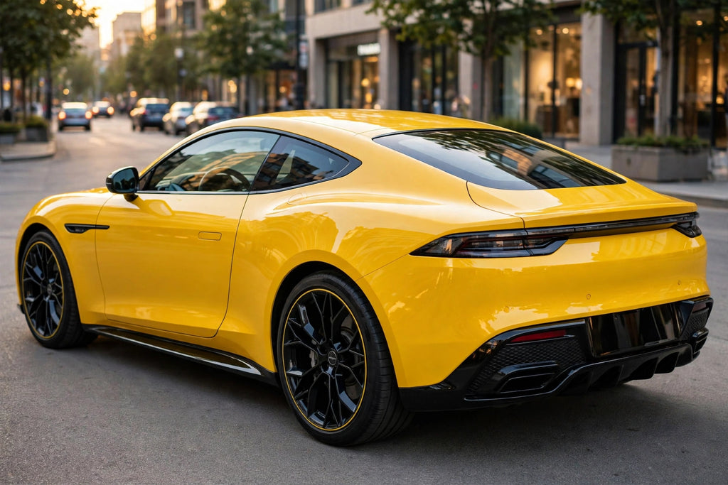 Super Gloss Sunflower Yellow PET vinyl wrap film on a car, rear three-quarter view