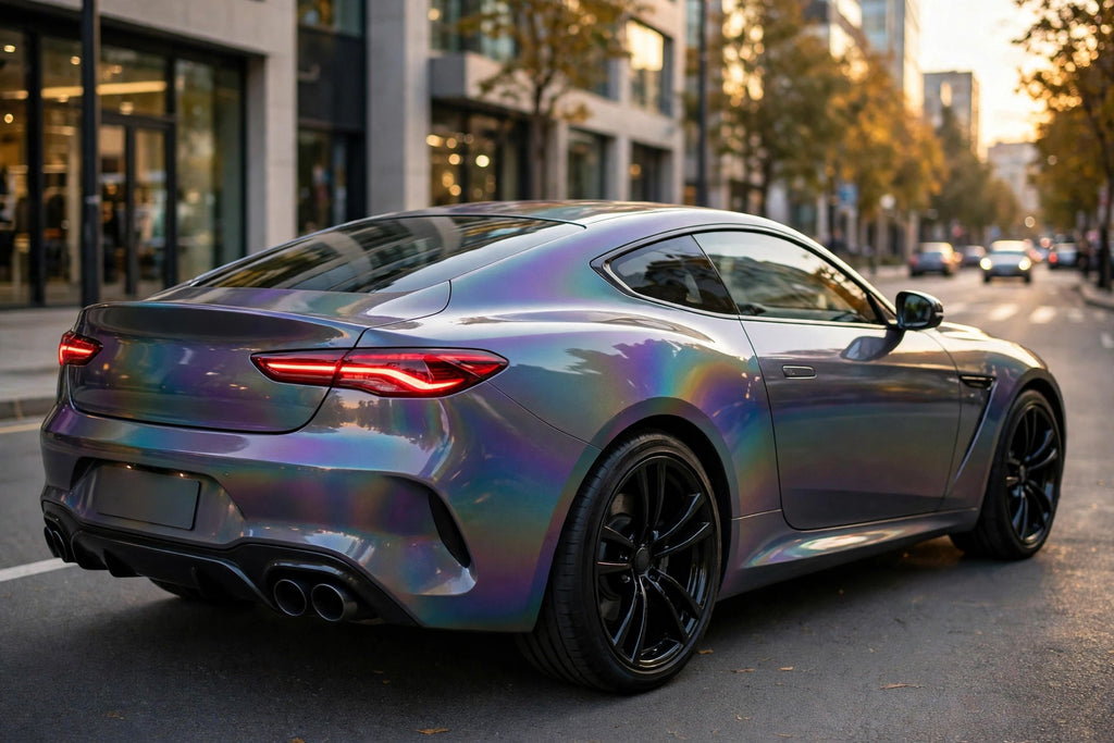 Super Gloss 3D Iridescent Psychedelic Gray PET vinyl wrap film on a car, rear three-quarter view