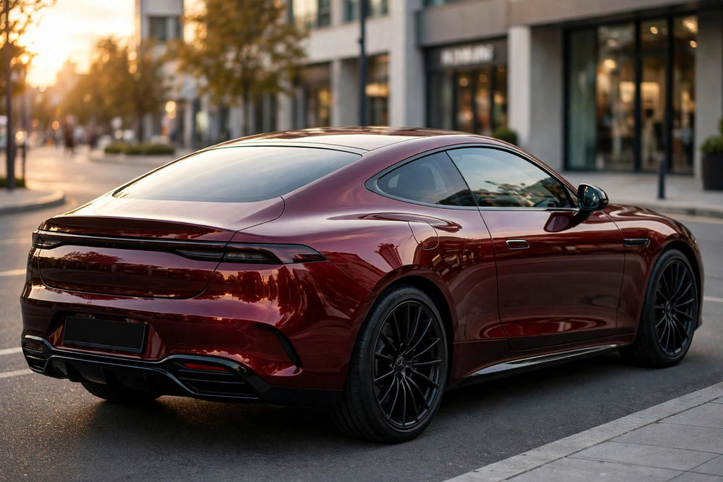 Super Gloss Premium Galaxy Black Red / PET vinyl wrap film on a car, rear three-quarter view