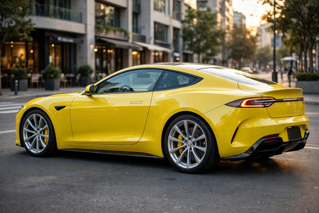Super Gloss Corn Yellow PET vinyl wrap film on a car, rear three-quarter view