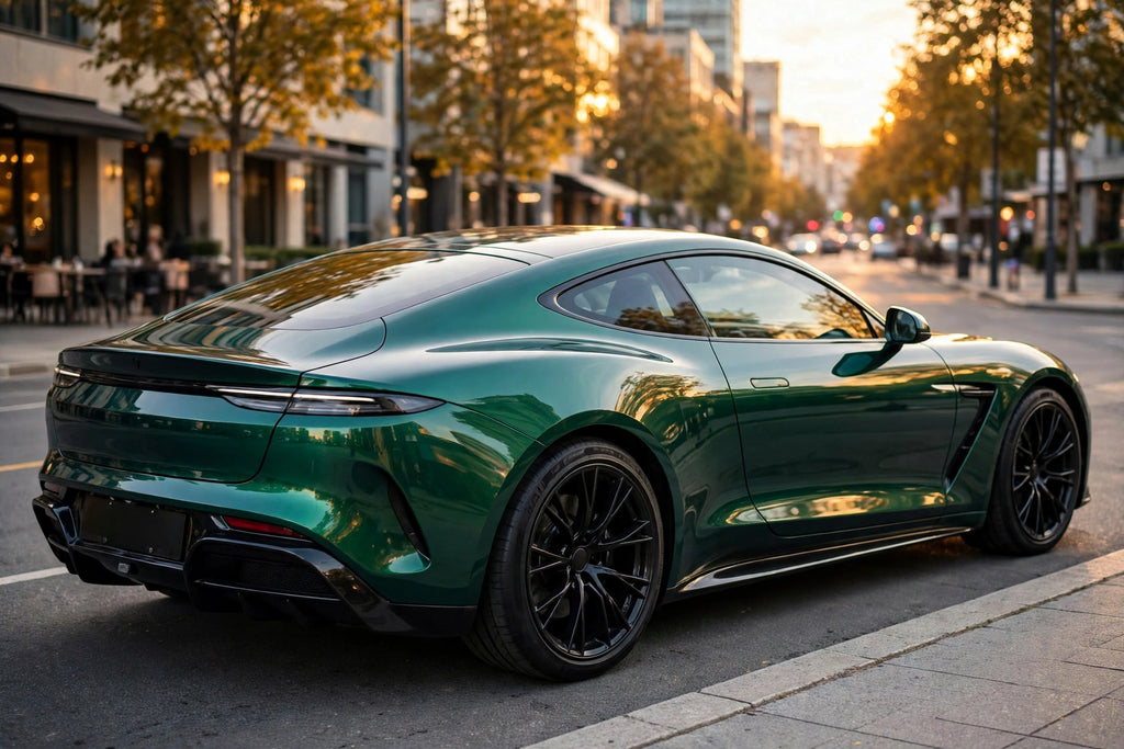 Super Gloss Aurora Green R PET vinyl wrap film on a car, rear three-quarter view