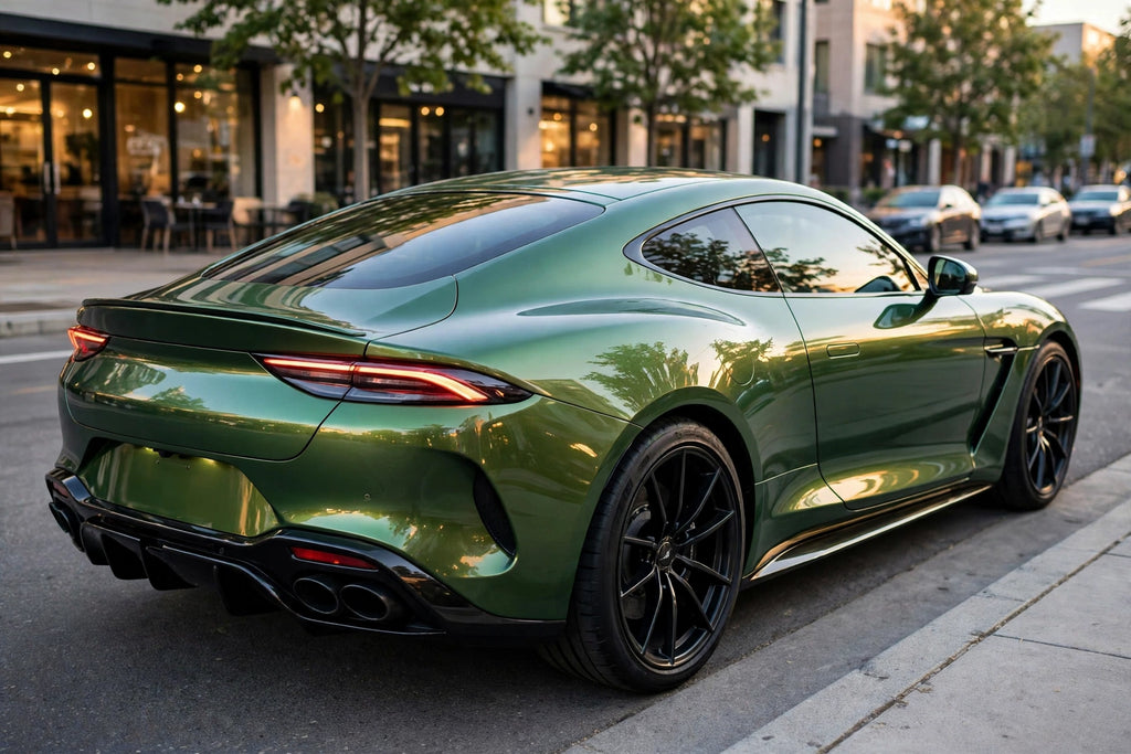 Super Gloss Aurora Jade Green PET vinyl wrap film on a car, rear three-quarter view