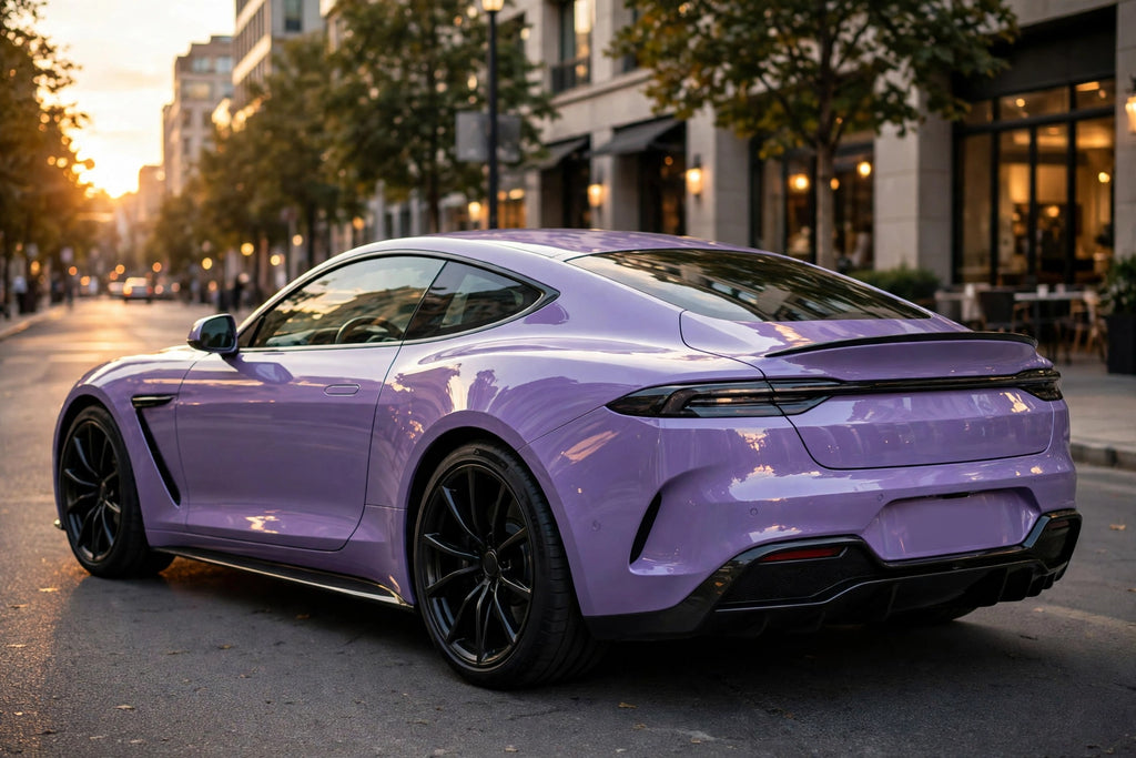 Super Gloss Provence Violet PET vinyl wrap film on a car, rear three-quarter view
