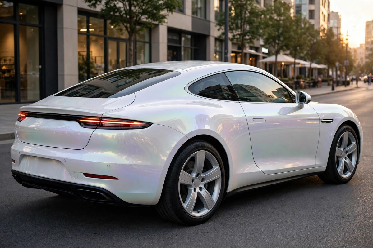 Super Gloss Dawn White PET vinyl wrap film on a car, rear three-quarter view