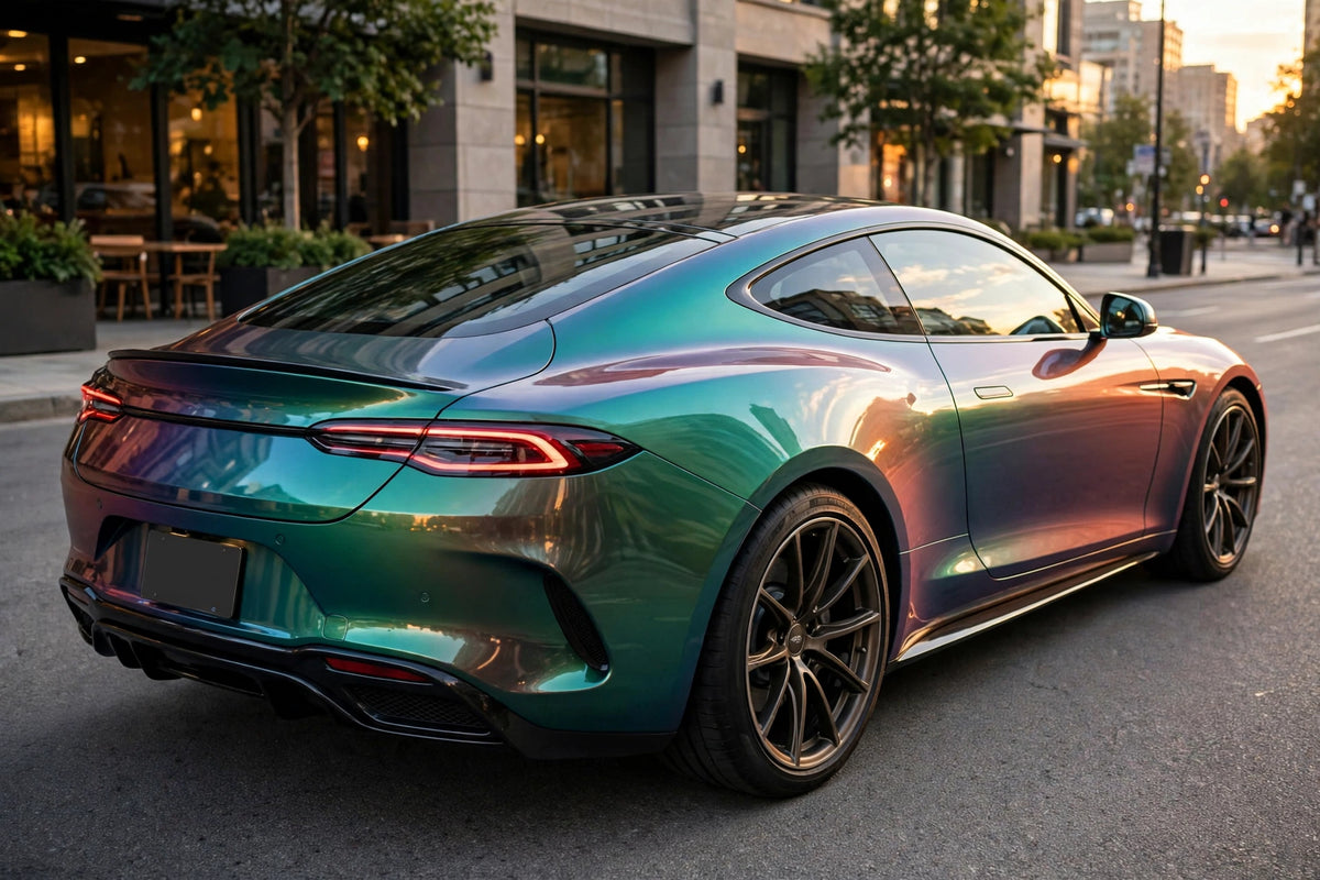 Super Gloss Coral Peacock Green PET vinyl wrap film on a car, rear three-quarter view