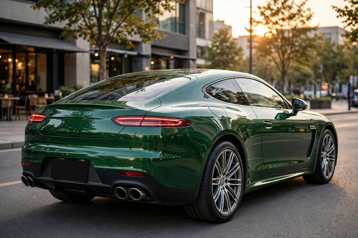 Super Gloss Fedral Green PET vinyl wrap film on a car, rear three-quarter view